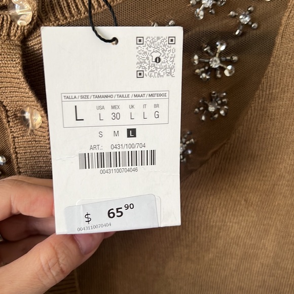 NEW with tags Zara cardigan tan brown button up rhinestone diamond floral - Picture 7 of 7